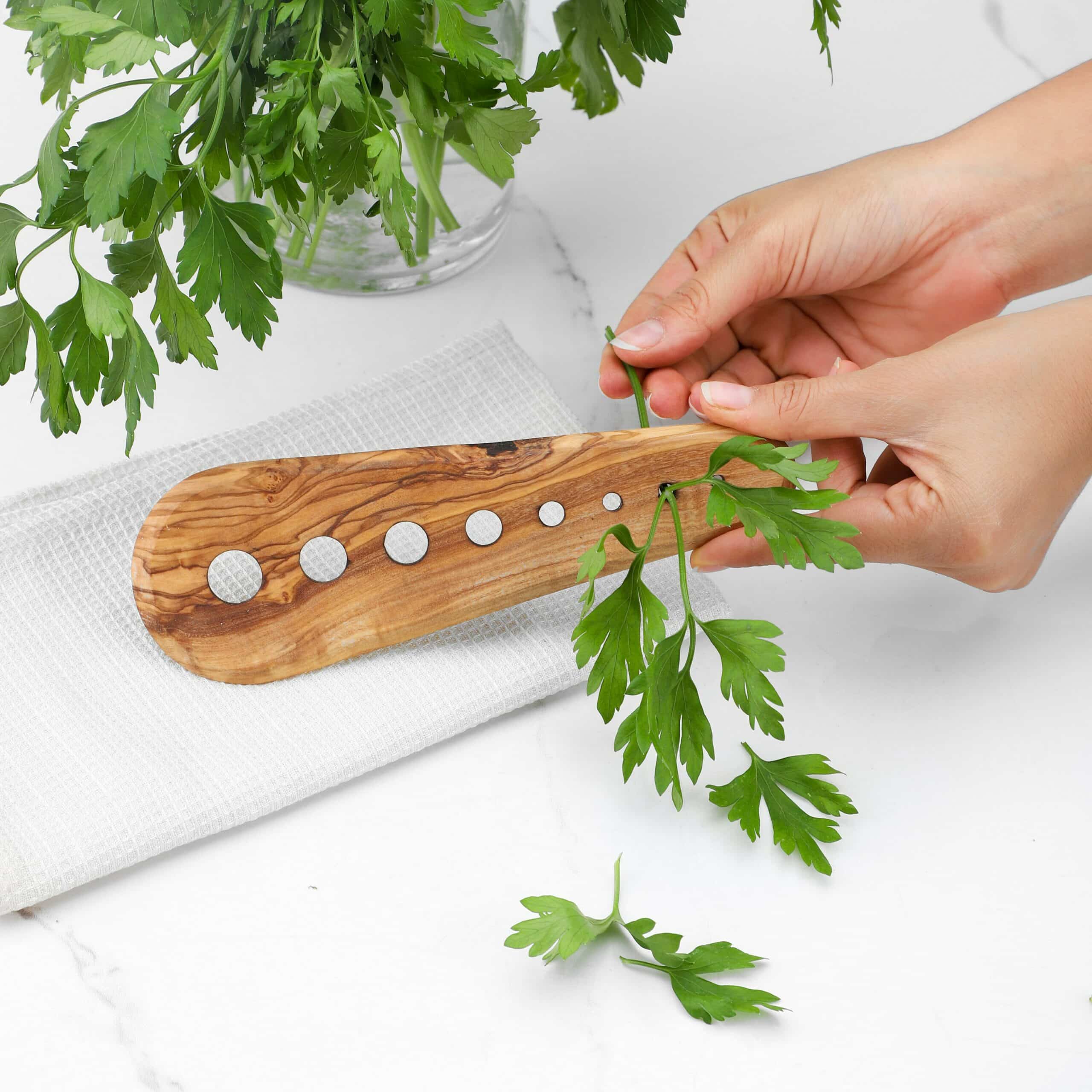 Front view of handmade olive wood herb stripper showing natural grain